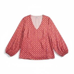 Summer 10 Pink Geometric Print Lined V-Neck Size M Balloon Sleeve Retro Top